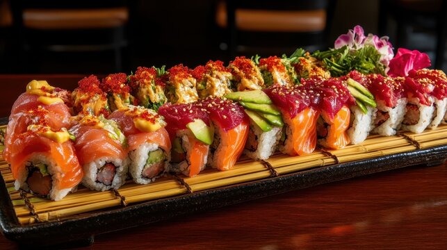 Colorful Sushi Platter with Assorted Rolls on Wooden Serving Board