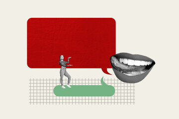 Trend banner sketch 3D photo collage of lips talk conversation talking bizarre young lady stand...