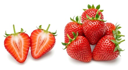 Fresh ripe strawberries whole and halved on white background