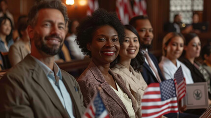 Naturalization ceremony with diverse immigrants holding certificates, U.S. flags in hand, proud smiles, courtroom setting, warm lighting, emotional realism.