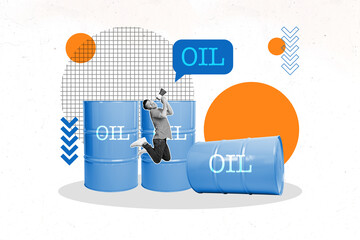 Trend artwork banner sketch 3d photo collage of inexperienced businessman jump megaphone oil price...