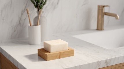A minimalist bathroom scene featuring a bar of soap on a wooden holder, alongside a toothbrush holder and a modern faucet.