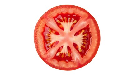 Close up view of a vibrant red tomato slice on a white background