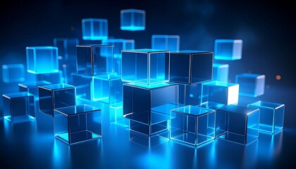 Obraz premium Abstract futuristic background with glowing blue digital data blocks representing blockchain technology and network connections.