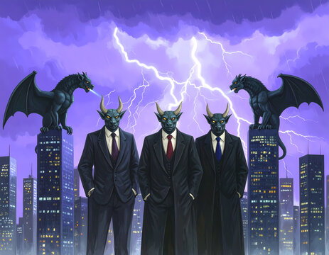 Three powerful demon businessmen in suits stand with menacing expressions against an ominous city skyline. dramatic purple lightning storm rages with gargoyle statues - Powered by Adobe