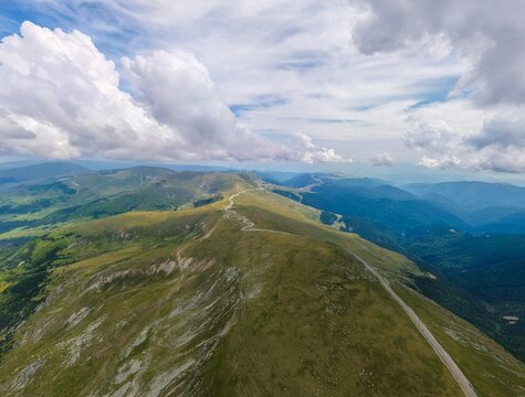 Aerial view of the Transalpina road in Romania. The Transalpina, or DN67C, is a 148-km national road located in the Carpathians. It is the highest road in Romania.