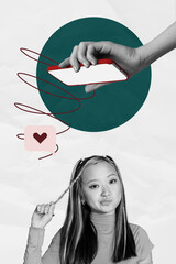 Poster surreal collage of person touch hairdo under gadget screen with like icon over grey background