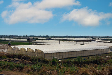 Agricultural fields covered with modern greenhouses in a vast rural landscape under a blue sky with...