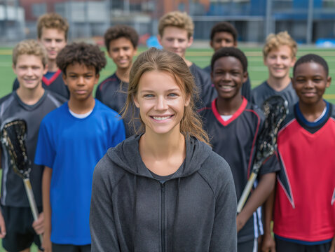 Young female lacrosse player stands confidently in front of diverse team members on a sports field, showcasing teamwork and athletic spirit in a vibrant outdoor setting