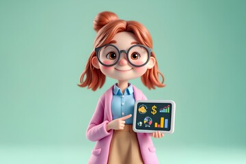 3D cartoon girl presenting financial insights on a digital tablet
