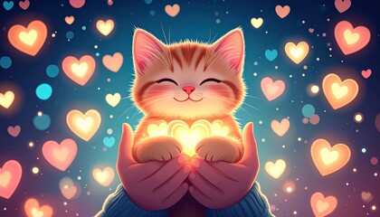 Cute Cat Holding Glowing Heart with Bokeh Lights A Sweet Valentine's Day Illustration
