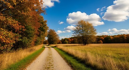 Naklejka premium scenic autumn landscape featuring a dirt road leading through a colorful countryside with trees, fields, and a bright blue sky with clouds