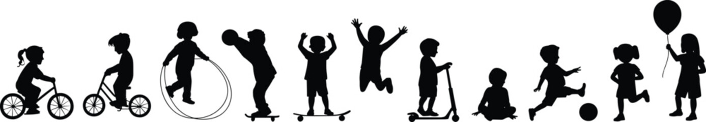 Children playing silhouette, kids outdoor activities, riding bicycle, jumping, skateboarding, running, playing ball, holding balloon, black vector illustration set