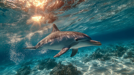 Naklejka premium A dolphin swimming underwater.