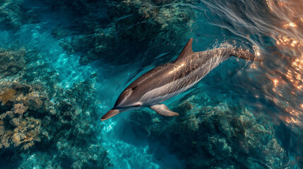 Fototapeta premium Top view , a dolphin swimming in the sea.