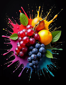 Fresh fruits on colorful splash isolated on black background