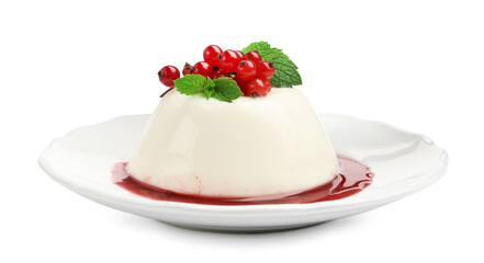 Delicious panna cotta with red currants, sauce and mint isolated on white