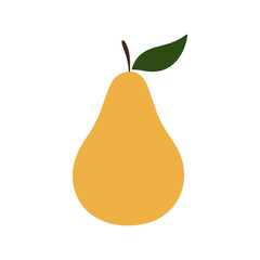 Yellow pear, isolated on a white background. Graphic simple color illustration of a fruit, flat design, vector. Decorative delicious dessert, bright background element for labels, icons, logos