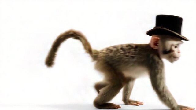 Cute monkey wearing a top hat dances playfully in a bright setting