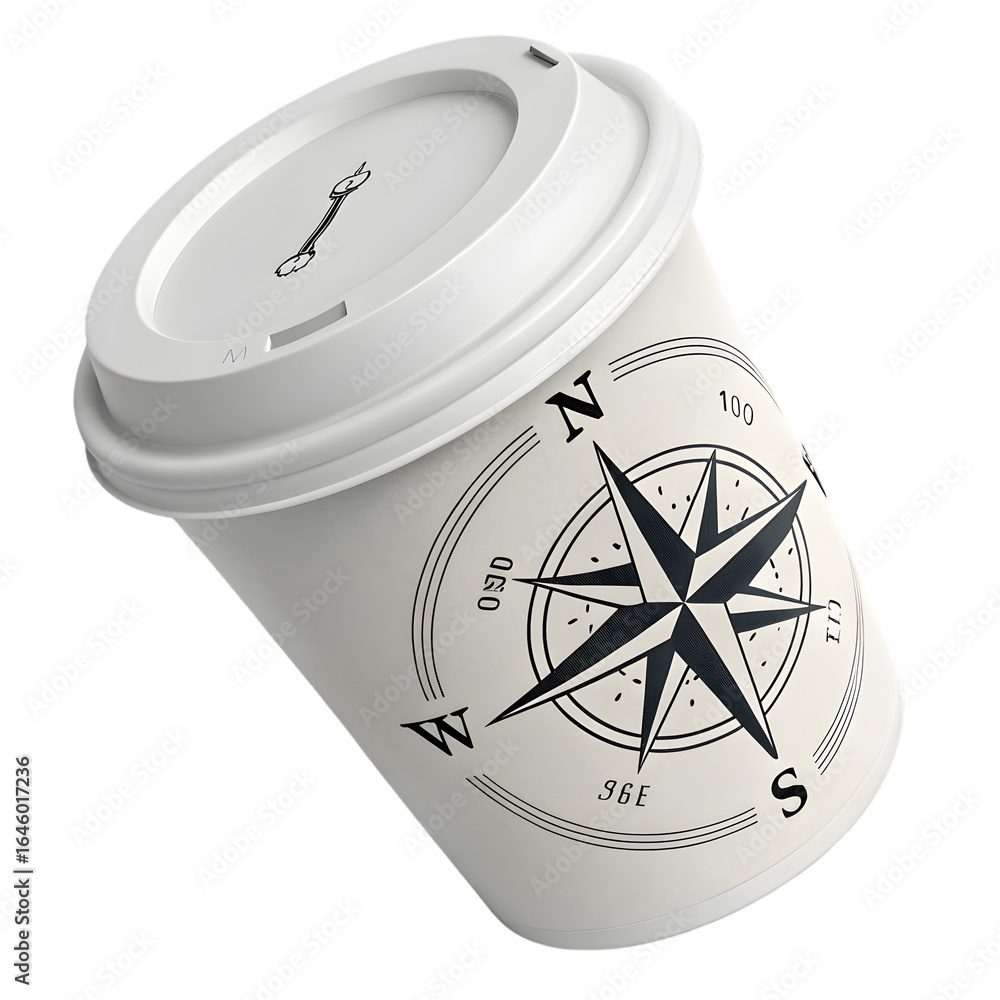 Poster white coffee cup with compass design isolated on a transparent background navigation png file