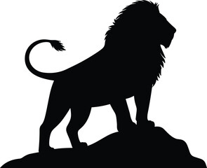 Lion silhouette, wild animal vector illustration, majestic big cat standing and walking, wildlife nature predator icon, black isolated safari king design