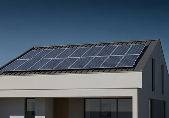 Modern House with Solar Panels on Sloped Roof Against Clear Blue Sky, Clean Energy Concept