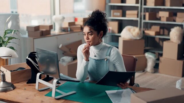 Laptop, paperwork and woman with boxes for shipping, supply chain and logistics in office. Business, ecommerce and person with documents for online inventory, delivery checklist and distribution