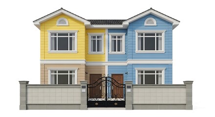 Duplex house design ideas: yellow and blue exterior, modern architecture, gate, windows, wall, roof