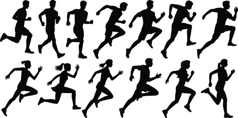 Running silhouette, male and female athletes, sprinting action poses, jogging fitness training, sport movement illustration, black vector, workout exercise figure set
