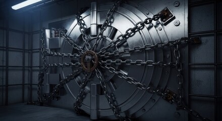 Heavily Chained Bank Vault Door in Dark Room