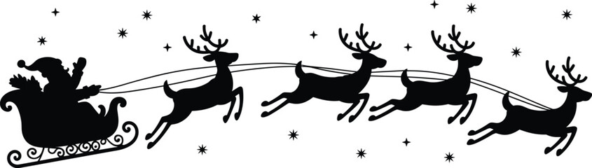 Santa Claus silhouette, reindeer sleigh vector, Christmas holiday design, festive winter illustration, black graphic art, snowflakes decoration, seasonal celebration, holiday magic sc © Rahul Creatives
