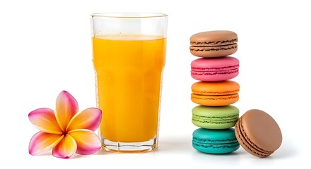 Tall glass of orange juice with colorful macarons and a pink flower