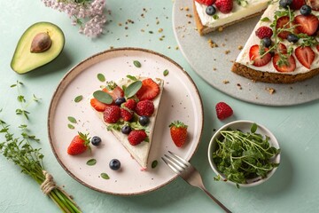 Delicious berry cheesecake slice topped with fresh strawberries and blueberries