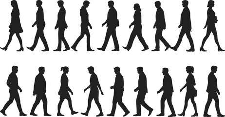 Walking people silhouette, business and casual men women, human figure vector, side view pedestrians, crowd movement, black isolated illustration set