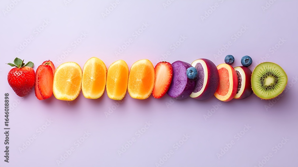 Poster colorful sliced fruits arranged in a linear pattern for display