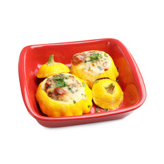 Tasty stuffed pattypan squashes in baking dish isolated on white