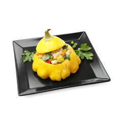 Tasty stuffed pattypan squash isolated on white