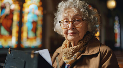 Older woman proudly voting for the first time, placing ballot in box at a local church, emotional expression, natural light from stained glass, quiet triumph.