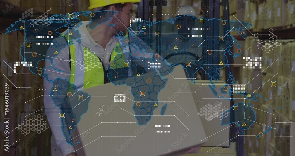 Poster warehouse worker pulling box while forklift driver activating as map overlay tracking supply routes