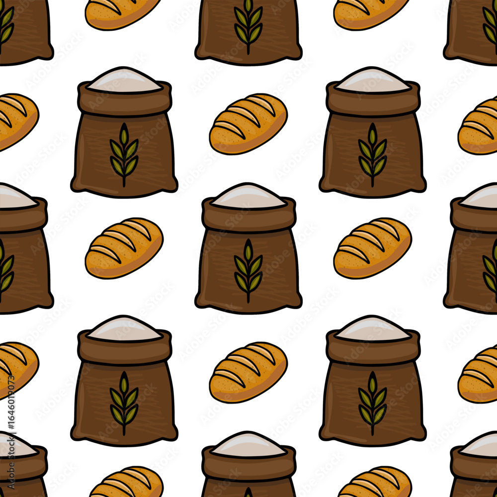 Aufkleber seamless vector pattern featuring hand-drawn illustrations of brown burlap sacks filled with flour, 