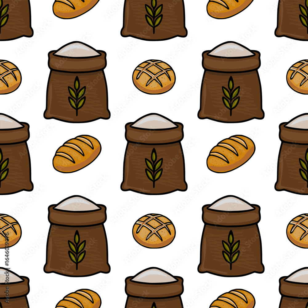 Poster seamless vector pattern featuring hand-drawn illustrations of brown burlap sacks of flour, loaves of