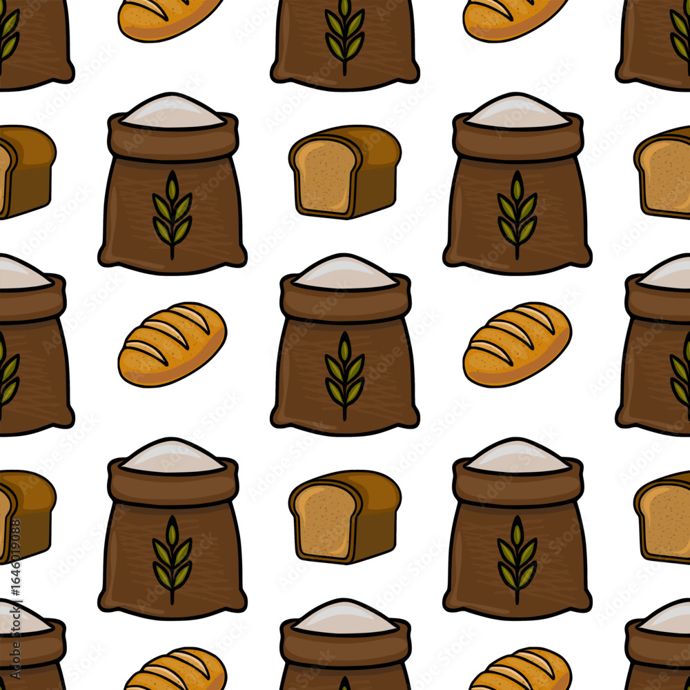 Poster seamless vector pattern featuring hand-drawn illustrations of brown flour sacks with wheat symbols, 