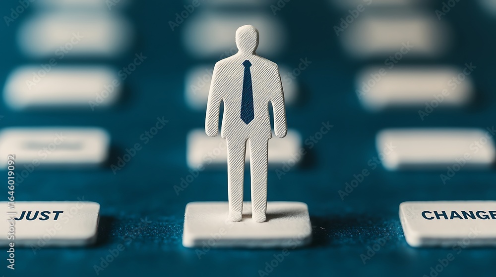 Poster a small figure stands on a button labeled 