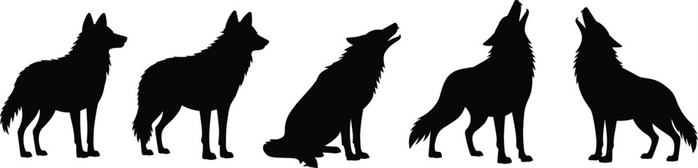 Wolf silhouette vector, wild animal howling, black isolated design, canine wildlife illustration, predator graphic art, forest creature, nature concept, standing and sitting poses