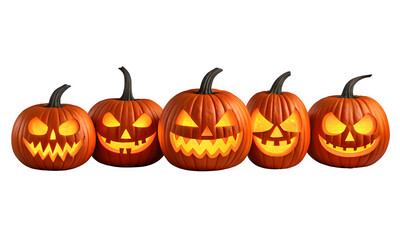 Five glowing jack o lanterns with scary faces isolated on transparent background