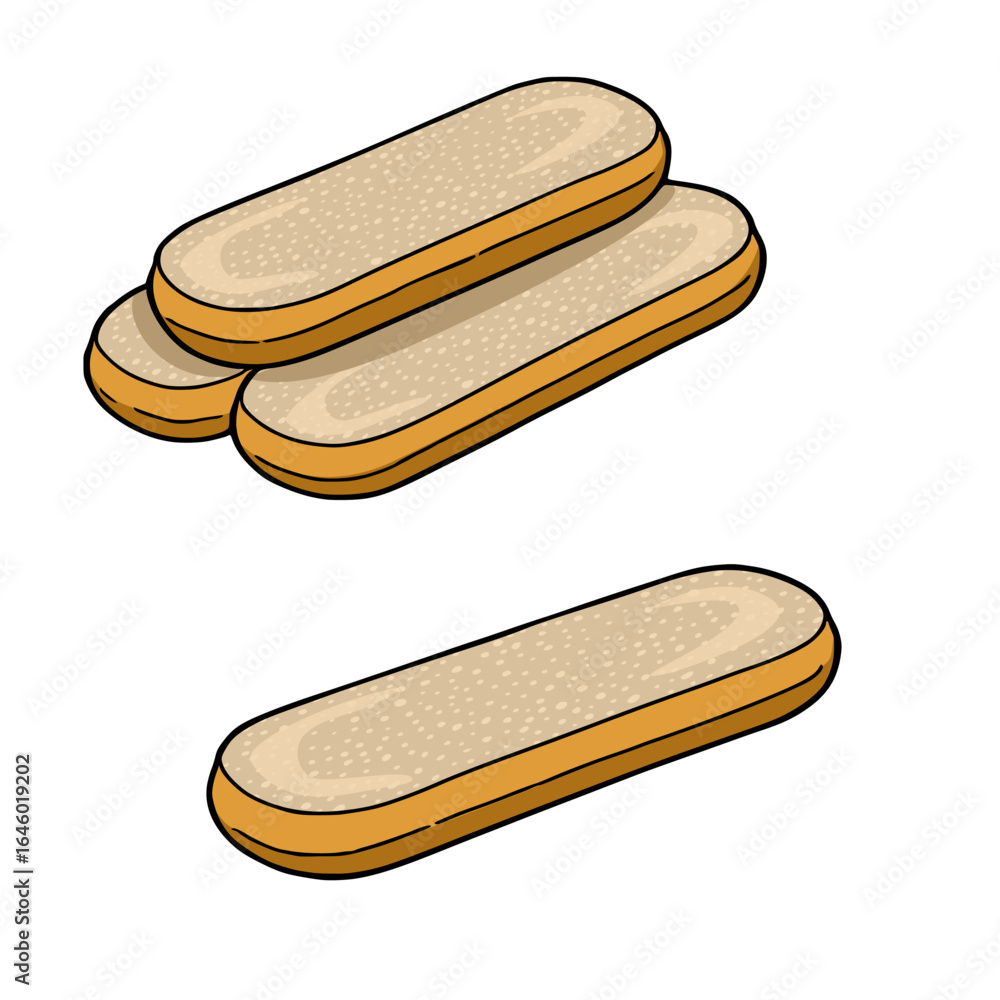 Poster a vector illustration of three oblong slices of bread, stacked and arranged in a playful, slightly o