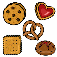 A delightful vector illustration featuring a charming collection of assorted bakery items, including chocolate chip cookies, heart-shaped biscuits, pretzels, crackers, and a sweet bun, all rendered...