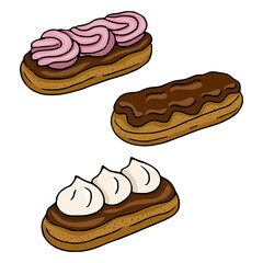 A delightful vector illustration showcasing three variations of eclairs: one topped with swirls of pink cream, another with rich chocolate ganache, and a third adorned with dollops of fluffy white...