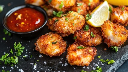 Fototapeta premium Crispy Fried Seafood Bites with Lemon and Sauce Garnish