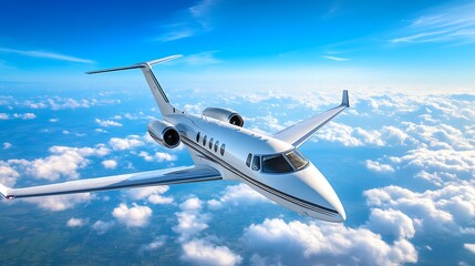 Obraz premium A gleaming white private jet soaring through a bright blue sky